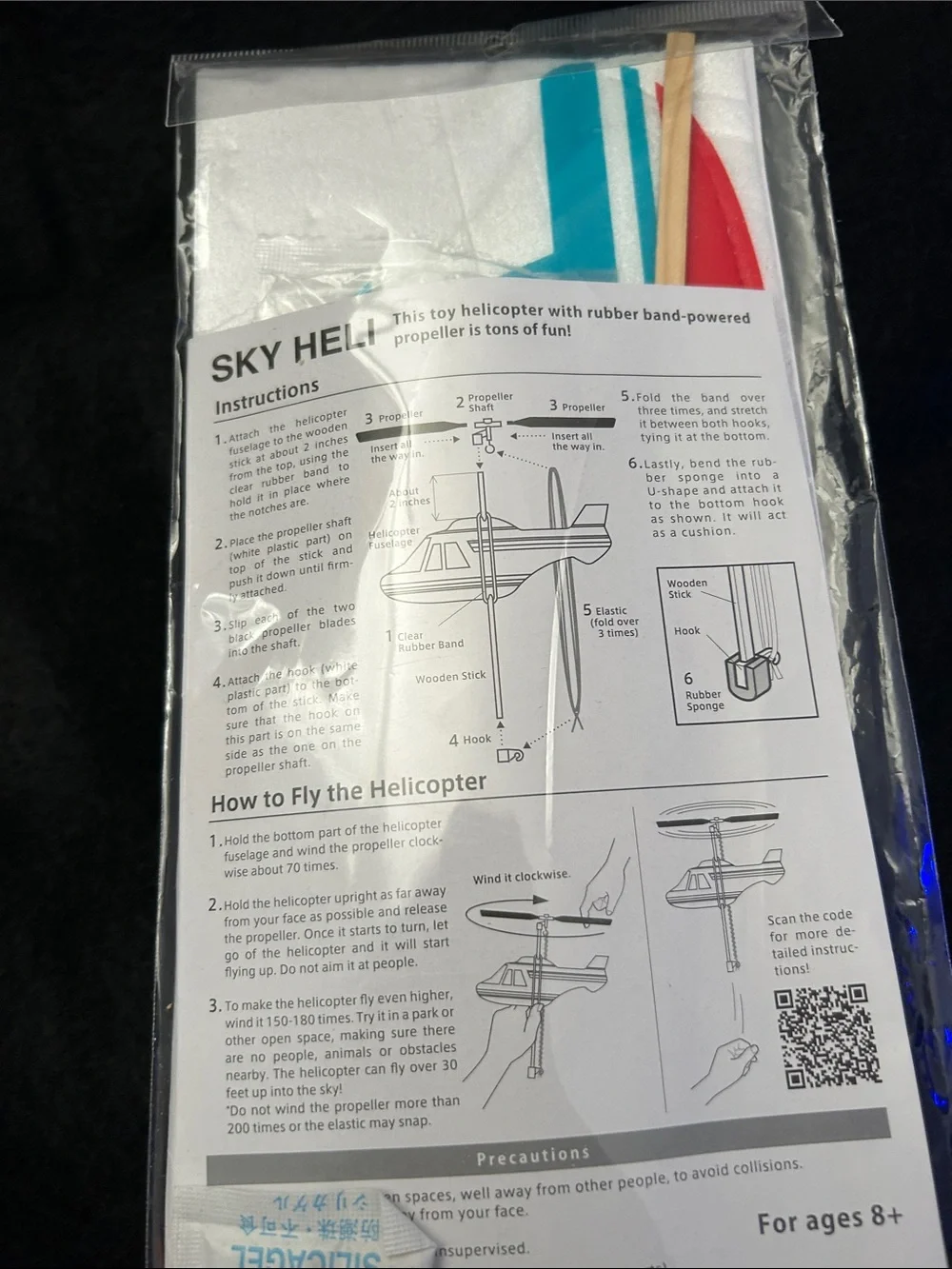 SkyHel Rubber Band-Powered Helicopter - White with Blue & Red Accents